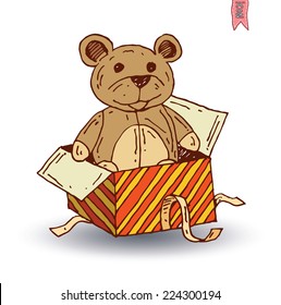 teddy bear christmas gift in box . vector illustration.