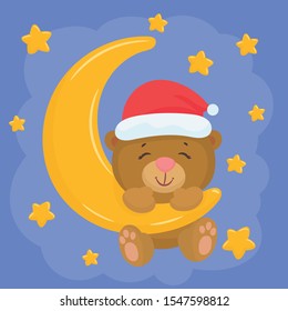 A teddy bear with Christmas hat hanging on the moon