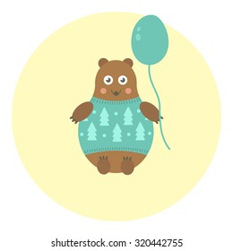 Teddy bear in a Christmas sweater with a balloon