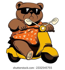Teddy Bear Chubby Groovy Funky Retro wearing cute T shirt and sunglasses riding scooter