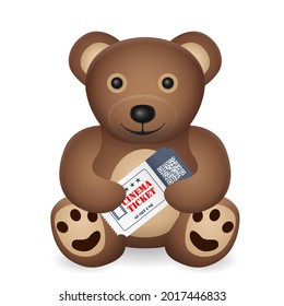 Teddy bear with cinema ticket on a white background. Vector illustration.