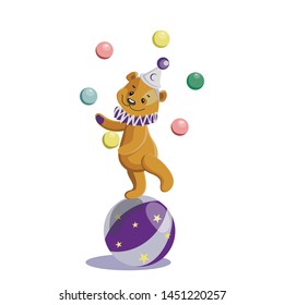 Teddy bear circus clown juggler in vector. Isolated object for greeting card or invitation background design. Teddy bear in a circus style. Hand drawn  illustration.