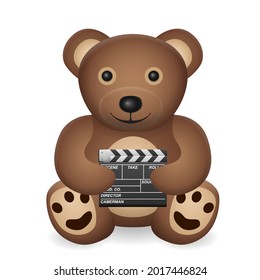 Teddy bear with clapperboard on a white background. Vector illustration.