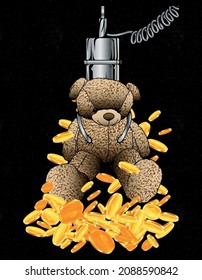 Teddy Bear In Claw Falling In Gold Coins