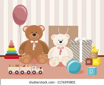 Teddy Bear and clorful toys, wooden toy train, pyramid.