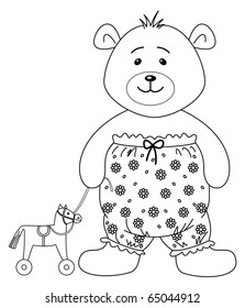 Teddy bear in the clothes decorated with flowers and toy horsy, contours