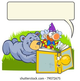 Teddy bear and Clown reading a funny book.