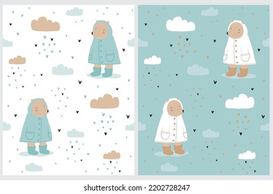 Oso de peluche en un abrigo. Osos pequeños marrones sobre fondo blanco y azul claro. Sencillo Vector desprendido de mano, Patrones sin soldadura con osos cortos en un abrigo de lluvia, nubes y lluvia de corazones. Patrón de enfermería.