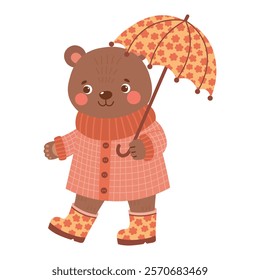 Teddy bear in a coat and wellies with an umbrella. Cute spring forest wood woodland character. Vector illustration isolated on transparent background. 
