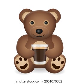 Teddy bear with coffee cup on a white background. Vector illustration.