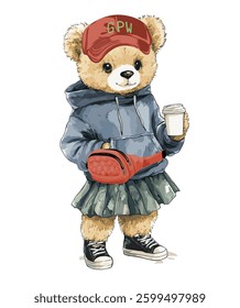 Teddy Bear with Coffee Vector Illustration, Isolated on White Background.