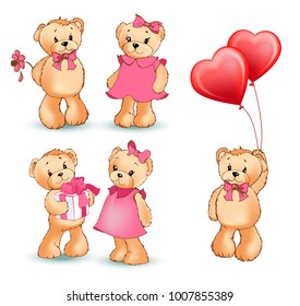 Teddy bear collection of objects, fluffy character with love letter, heart shaped toy, present with bow and flowers isolated on vector illustration