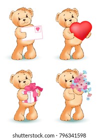 Teddy bear collection of objects, fluffy character with love letter, heart shaped toy, present with bow and flowers isolated on vector illustration