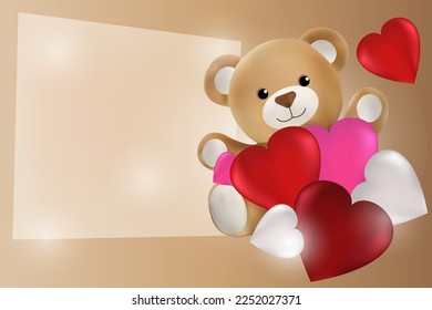 Oso de peluche con corazones coloridos y un pedazo de papel con espacio para copiar. Concepto de San Valentín. Fondo de vacaciones universal. Imagen del vector