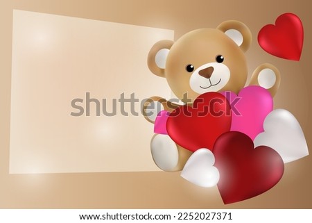 Teddy bear with colorful hearts and a piece of paper with copy space. Valentine's Day concept. Universal holiday background. Vector image