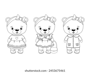 Teddy bear Coloring page, book. Coloring page for kids, girl, children. Cute animals. Vector illustration isolated on white background. Drawing activity for kids, toy, game. Printable