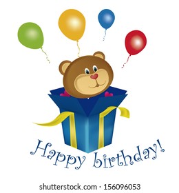 a teddy bear coming out from a box wishing happy birthday