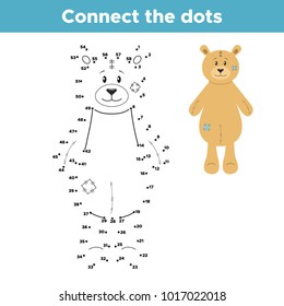 Teddy bear connect the dots. Coloring page or book. Educational drawing game for kids. Vector illustration