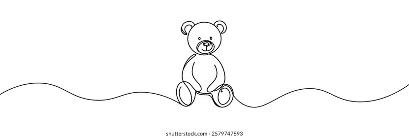 Teddy bear continuous one line drawing. Soft toy, in simple linear style. Birthday gift and greeting card. Vector illustration.