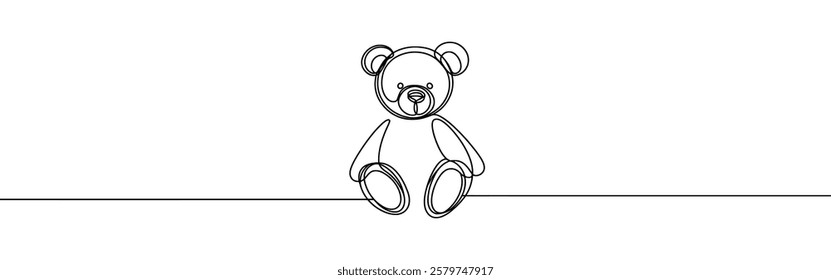 Teddy bear continuous one line drawing. Soft toy, in simple linear style. Birthday gift and greeting card. Vector illustration.