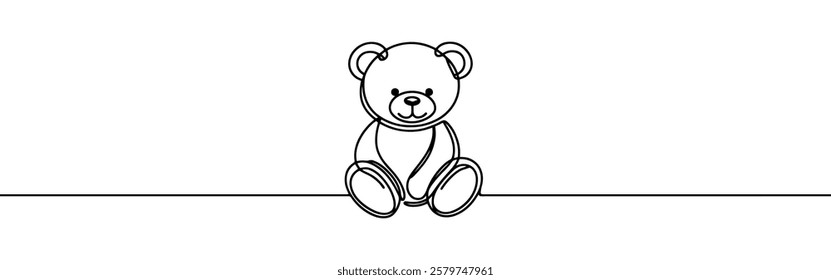 Teddy bear continuous one line drawing. Soft toy, in simple linear style. Birthday gift and greeting card. Vector illustration.