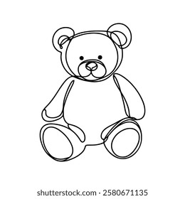 Teddy bear continuous one line drawing. Soft toy, in simple linear style. Birthday gift and greeting card. Vector illustration.