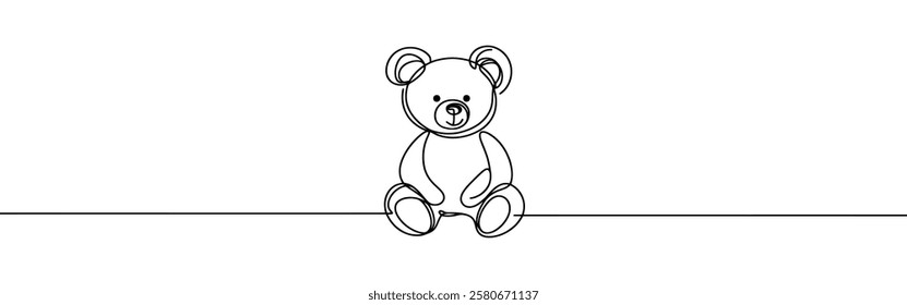 Teddy bear continuous one line drawing. Soft toy, in simple linear style. Birthday gift and greeting card. Vector illustration.