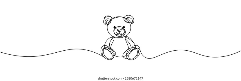 Teddy bear continuous one line drawing. Soft toy, in simple linear style. Birthday gift and greeting card. Vector illustration.