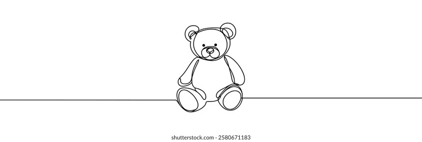 Teddy bear continuous one line drawing. Soft toy, in simple linear style. Birthday gift and greeting card. Vector illustration.