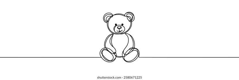 Teddy bear continuous one line drawing. Soft toy, in simple linear style. Birthday gift and greeting card. Vector illustration.