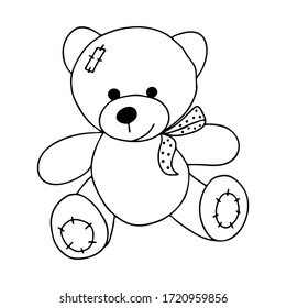 Teddy bear contour.Doodle style hand-drawn toys.Outline drawing.Black and white image.Monochrome image.Children's cute toy.Coloring.Vector image