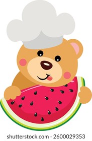 Teddy bear cook holding slice of fresh watermelon