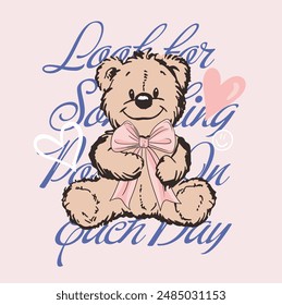 Teddy bear with coquette bow, Trendy graphic, Illustrated Artwork