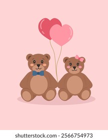 Teddy bear couple with heart balloons at pink background,  illustration of teddy bear couple for valentine's theme, teddy bears sitting together with heart shaped balloons 