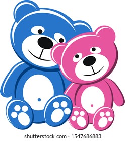 Casal de ursos de pelúcia, rosa e azul, apaixonado