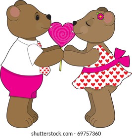 A teddy bear couple are sharing a lollipop shaped like a heart