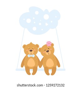 Teddy bear couple sitting close to each other. Cute cartoon design print for any purposes: t-shirt print or poster. Isolated on white background.