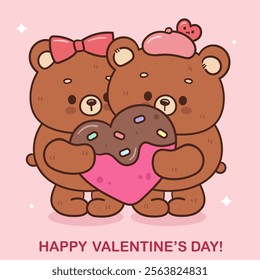 Teddy bear couple valentine animals with heart chocolate (Cute cartoon). Series: kawaii sticker whimsical characters. Perfect for romantic wedding vector Flat clipart banner t shirt design.