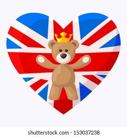 Teddy Bear with crown and heart with British flag on the background.