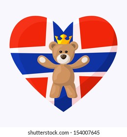 Teddy Bear with crown and heart with flag of Norway on the background. The file is made with no transparencies and gradients. 