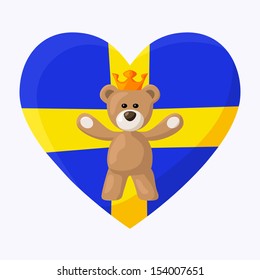 Teddy Bear with crown and heart with flag of Sweden on the background. The file is made with no transparencies and gradients.