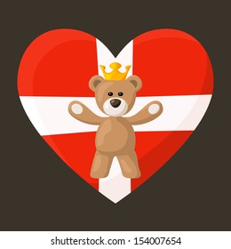 Teddy Bear with crown and heart with flag of Denmark on the background. The file is made with no transparencies and gradients. 