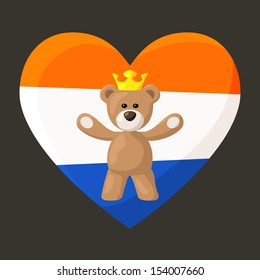 Teddy Bear with crown and heart with flag of Netherlands on the background. The file is made with no transparencies and gradients.