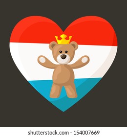 Teddy Bear with crown and heart with flag of Luxembourg on the background. The file is made with no transparencies and gradients.