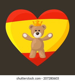 Teddy Bear With Crown And Heart With Flag Of Spain On The Background. The File Is Made With No Transparencies And Gradients. 