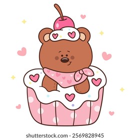 Teddy bear cub card valentine animals in cupcake (Cute cartoon). Series: kawaii sticker whimsical characters. Perfect for romantic wedding vector Flat clipart banner t shirt design and background