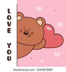 Teddy bear cub card valentine animals greeting with big heart (Cute cartoon). Series: kawaii sticker whimsical characters. Perfect for romantic wedding vector Flat clipart banner t shirt design.