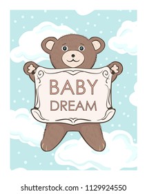 Teddy bear cub with frame for text. Baby dream shop. Children's vector drawing for print cover, advertising, posters, postcards for kids. Sweet cute toy animal cartoon in clouds.