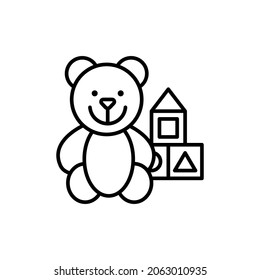 Teddy bear and cubes outline black icon. Toy store advertising concept. Trendy flat isolated outline symbol, sign used for: illustration, logo, app, design, web, dev, ui, ux, gui. Vector EPS 10 