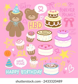 Teddy bear and cute birthday elements for birthday party, stickers, cartoon character, sweet dessert logo, food icon, menu, recipe, cake clip arts, cupcakes, cafe, restaurant, pink ribbon, celebration